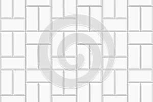 White basketweave tile texture. Stone or ceramic brick wall background. Kitchen backsplash seamless pattern. Shower or