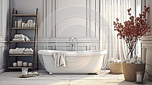 White bathroom with bathtub, parquet, and decorations, over white table top or shelf with straws, dry plants, ornament, ears,