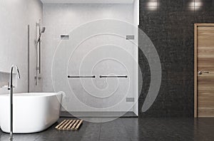 White bathroom, black tiles, shower side