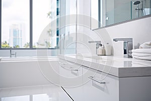 White bathroom interior design, his and hers bathroom sinks with cabinet and bathtub in modern luxury minimal style. Generative AI