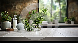 White bathroom interior. Empty wooden table top for product display with blurred bathroom interior background