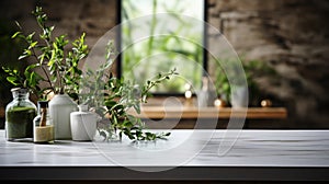 White bathroom interior. Empty wooden table top for product display with blurred bathroom interior background