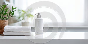 White Bathroom Interior With Wooden Tabletop For Product Display Blurred Bathroom Background