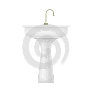 White Bathroom Sink Basin with Tap Isolated on White Background Vector Illustration