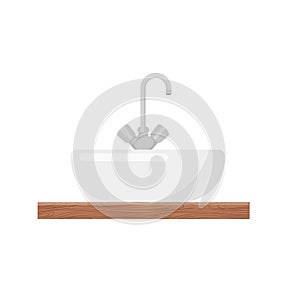 White Bathroom Sink Basin with Tap and Shelf Isolated on White Background Vector Illustration