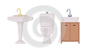 White Bathroom Sink Basin with Tap and Toilet Bowl Vector Set