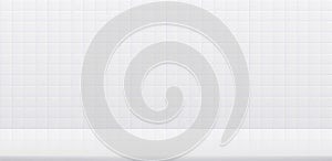 White bathroom tile wall with white stone table top, clean ceramic surface with empty desk for product display.