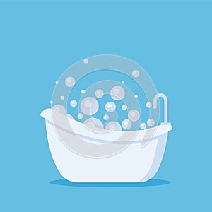 White bathtub in bathroom. Vintage bath and soap foam bubbles on blue background, illustration