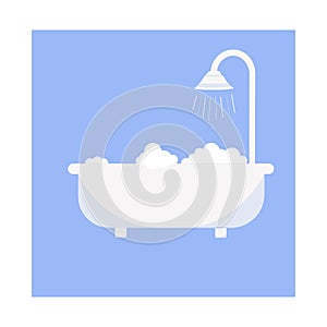 White bathtub in the bathroom. Vintage bath and soap foam bubbles on a blue background. Vector illustration