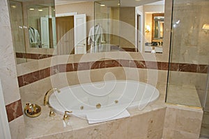 White bathtub and brass taps