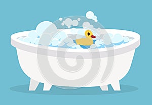 White bathtub. Cartoon clean cute hot bath with bubble and toys for indoor home spa relaxation isolated vector