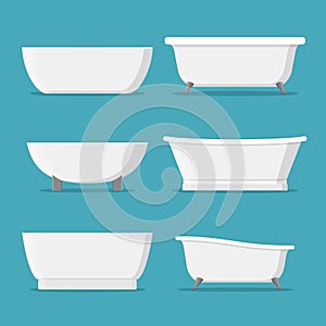 White bathtubs of different style and shape set isolated on blue background.