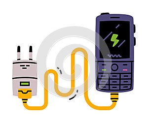 White Battery Charger and Recharger with Smartphone as Device Storing Energy Vector Illustration