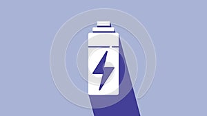 White Battery icon isolated on purple background. Lightning bolt symbol. 4K Video motion graphic animation
