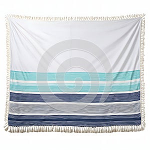 White beach blanket with blue stripes and tassels