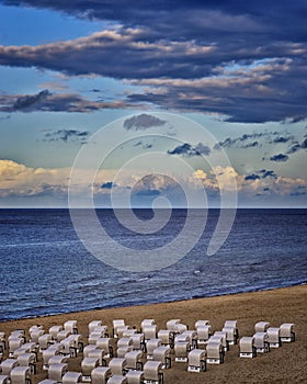White Beach chairs at the Baltic Sea, Germany, Mecklenburg-Vorpommern, RÃ¼gen