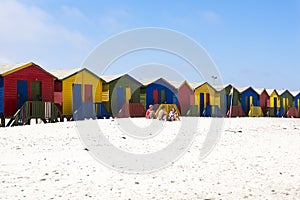 White beach in front of colorful beach huts, wide beach with white sand, Kalk Bay South Africa