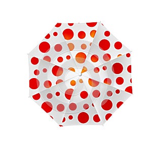 White beach umbrella with red polka dots on a white background, vector