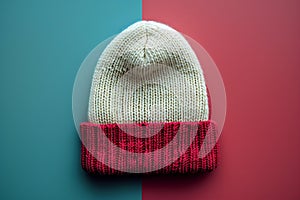 White beanie mockup, solid color background, flat lay, front view