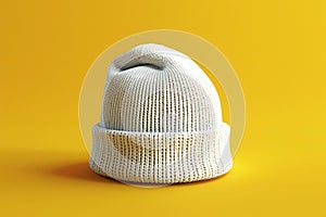 Of a white beanie on a yellow background, in a minimalist style, with high resolution