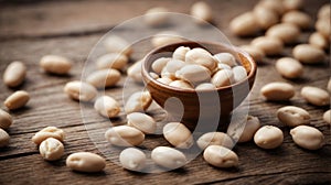 White beans in a spoon on a wooden background.