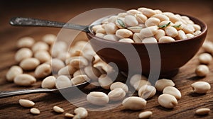 White beans in a spoon on a wooden background.