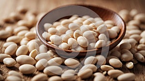 White beans in a spoon on a wooden background.