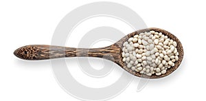 White beans in wood spoon on white background. top view