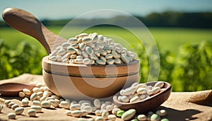 white beans in wooden scoop on table with green legume field on sunny day on the background. Generative ai