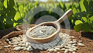 white beans in wooden scoop on table with green legume field on sunny day on the background. Generative ai