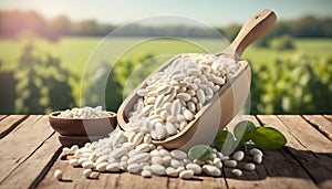 white beans in wooden scoop on table with green legume field on sunny day on the background. Generative ai