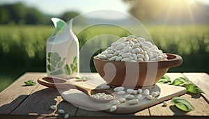 white beans in wooden scoop on table with green legume field on sunny day on the background. Generative ai