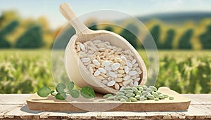 white beans in wooden scoop on table with green legume field on sunny day on the background. Generative ai