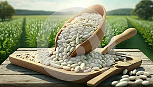 white beans in wooden scoop on table with green legume field on sunny day on the background. Generative ai