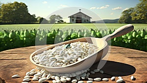 white beans in wooden scoop on table with green legume field on sunny day on the background. Generative ai