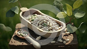 white beans in wooden scoop on table with green legume field on sunny day on the background. Generative ai