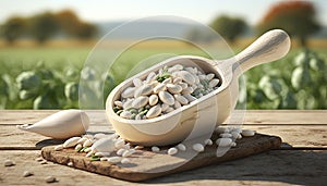 white beans in wooden scoop on table with green legume field on sunny day on the background. Generative ai