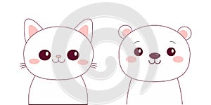 White bear, cat face set. Black contour doodle silhouette. Kawaii animal. Cute cartoon character. Funny baby with eyes, nose, ears