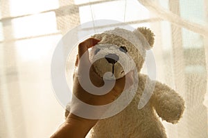 White bear doll strangled by woman hand in morning light domestic violence victim concept