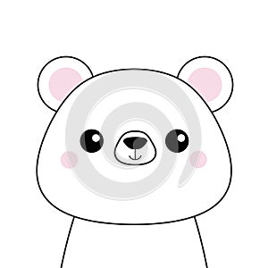 White bear face . Black contour silhouette. Kawaii animal. Cute cartoon grizzly character. Funny baby with eyes, nose, ears pink c