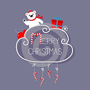 White bear, giftbox, snowflake, ball. Merry Christmas card. Hanging Candy Cane. Dash line with bow. Flat design. Violet background