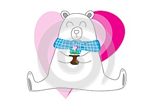 White bear holding a flower pot with hearts on a white background. Valentime Concept
