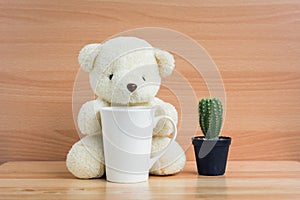 White bear hugging a cup and cactus on a brown wood background.