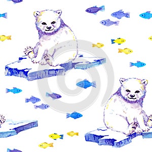 White bear on ice floe with fishes. Seamless background. Watercolor