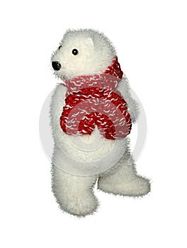 White bear with red scarf toy Maska with long hair isolated on white background.