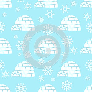 White bear seamless pattern with snowflakes white and blue