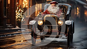 White Bearded Santa Claus Driving Classic Vintage Car Down The Festively Christmas Decorated Street. Generative AI