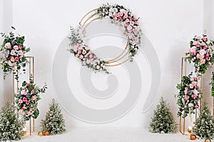 White Beautiful Floral Pattern Wedding Backdrop Background. Wedding Ceremony, Marriage, Celebration, Reception, Special Occasion