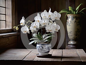 white beautiful orchid plant in porcelain vas