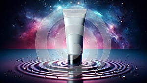 White Beauty Products Packaging Mockup, white tube on ripple, cosmos background